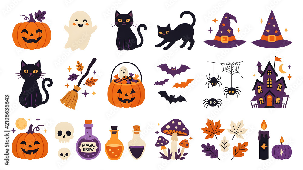 Fototapeta premium Set of cute Halloween icon elements isolated on a white background, featuring pumpkin, jack o lantern, black cat, ghost, witch hat, broom, haunted house, bats, spider, potion bottle, skull, and mushro