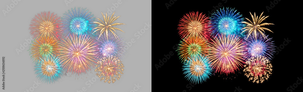 Fototapeta premium Colorful firework collection bursting isolated on transparent background, festive multicolor starburst celebration explosion, carnival night sky glow effect PNG cutout
