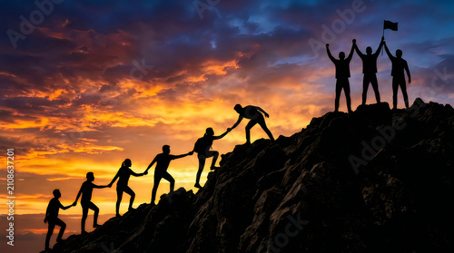Group of people helping each other climb up a mountain at sunset