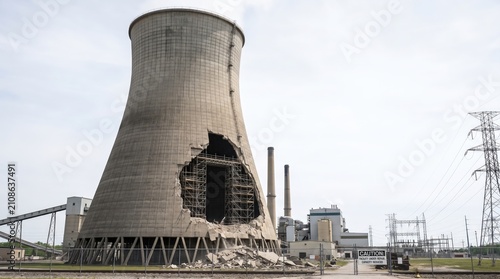 Collapsed industrial cooling tower after infrastructure failure, energy disruption, manufacturing shutdown, structural damage, industrial crisis.