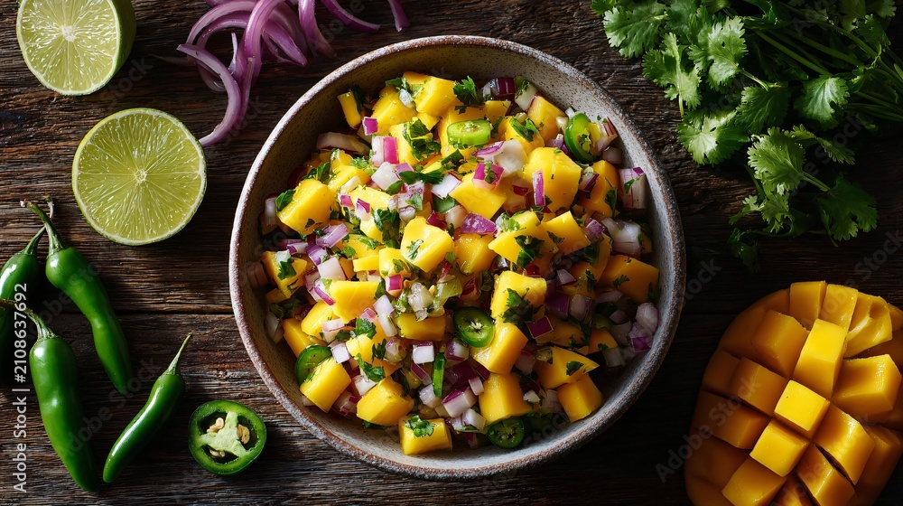 Naklejka premium A top-down flat lay of fresh mango salsa with diced mango, red onion, cilantro, jalapenos, and lime wedges arranged in a ceramic bowl on a rustic wooden table under bright tropical sunlight