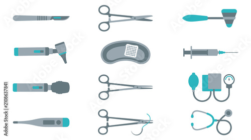 Professional surgical instruments and diagnostic tools set.