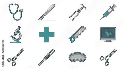 Surgical instruments and medical diagnostic icons.