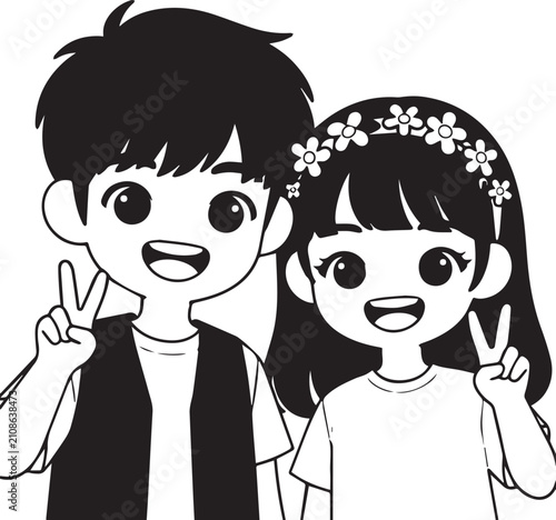 Black and white illustration of a smiling boy and girl making peace signs