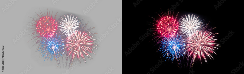 Fototapeta premium Colorful fireworks display in red, blue, and white isolated on transparent background, festive multicolor starburst explosion, celebration night sky effect PNG cutout