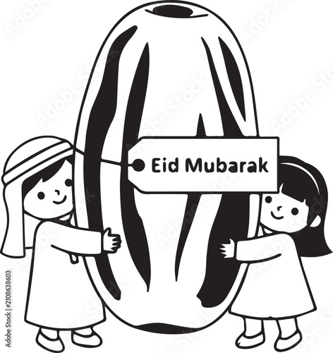 Black and white illustration of two children holding a giant watermelon with eid mubarak sign