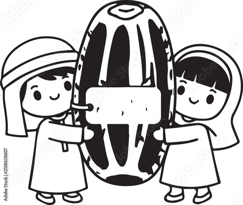 Two cartoon children holding a large oval object together with smiling faces
