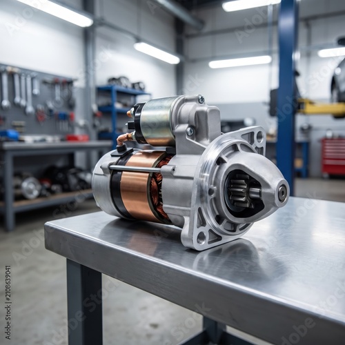 Starter motor displayed in an automotive repair workshop, vehicle engine component, professional maintenance, replacement part.