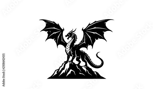 Foto Majestic black dragon perched on rocky outcrop vector illustration