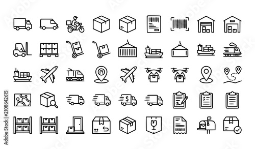 Konstfotografi Logistics and supply chain icons delivery storage and transportation symbols