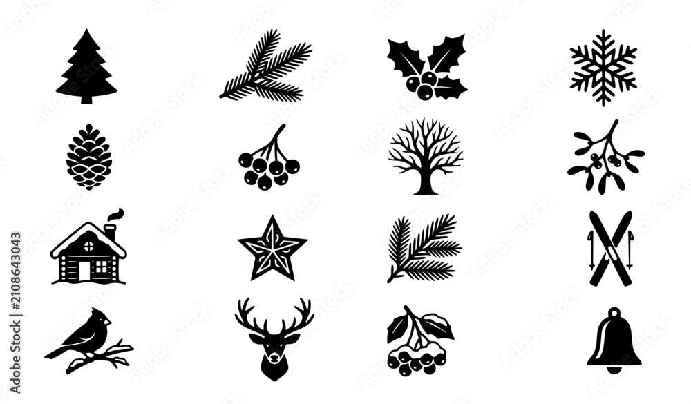 Fototapeta premium Winter plants and nature black silhouette icon set seasonal holiday vector