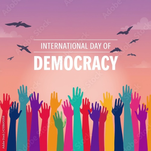 International day of democracy concept with colorful raised hands and flying birds under a purple sunset sky