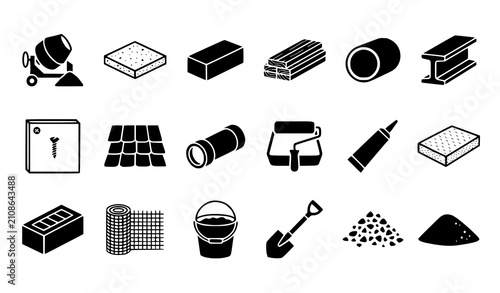 Construction tools and materials icons black and white vector set