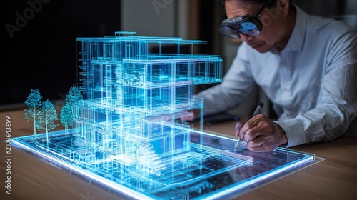 A male Asian architect uses augmented reality glasses to design a futuristic building model.