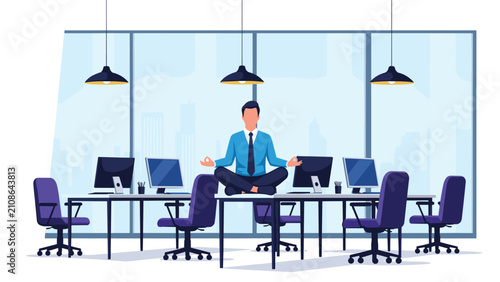 Professional office worker sits in a lotus position and meditates on top of a desk in a large empty modern office with city views.