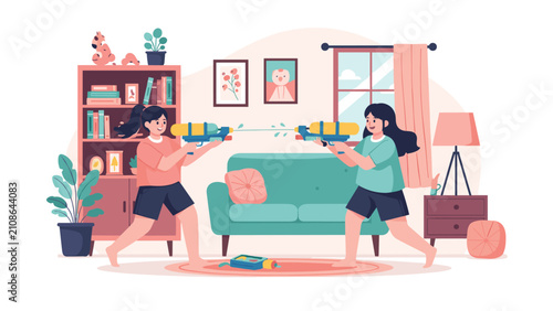 Two young girls having a playful water gun fight inside a messy living room while running and spraying water at each other.