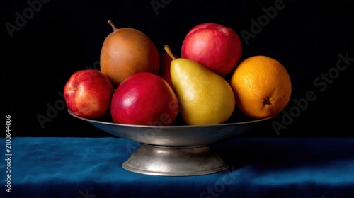 A metal pedestal bowl on a blue cloth holds a variety of fresh fruits: apples, pears, and an orange against a black background.