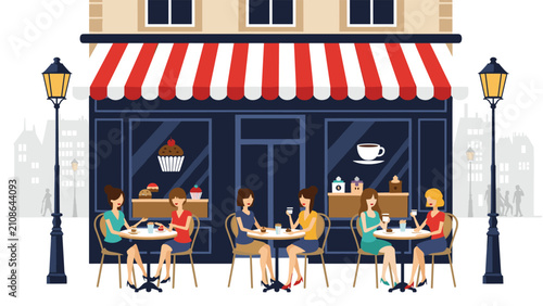 Group of fashionable women sitting at small tables on a cafe terrace with cupcakes and coffee under a red and white striped awning.