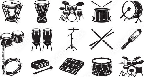 Acoustic drum kit and percussion musical instrument silhouette icons vector illustration set isolated on white background.