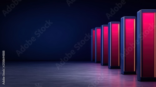 A series of illuminated, futuristic rectangular pillars with glowing red and blue edges stand aligned on a reflective surface against a dark background.