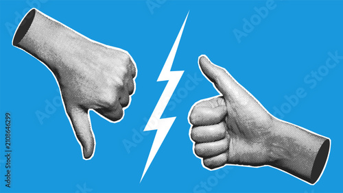 Two halftone hands showing thumbs up and thumbs down split by lightning bolt on blue background. Vector illustration for rating, opinion clash, and opposing views concepts.