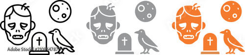Halloween zombie head, full moon, tombstone and crow icons set