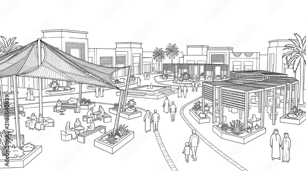 Obraz premium Tensile Shade Canopy Urban Plaza Perspective Illustration