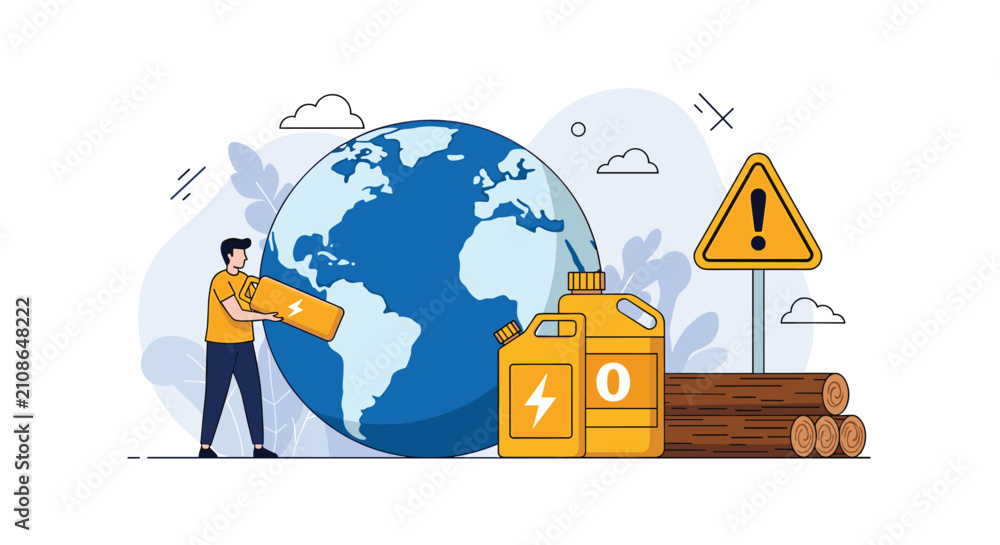 Naklejka premium Concerned man holding battery near globe, fuel canister, and wooden logs illustrating global energy crisis warning.