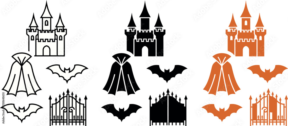 Fototapeta premium Halloween vampire theme set with castle, cape, gate, and bats