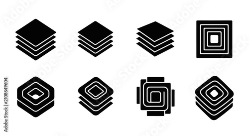Layered square and isometric block icons.