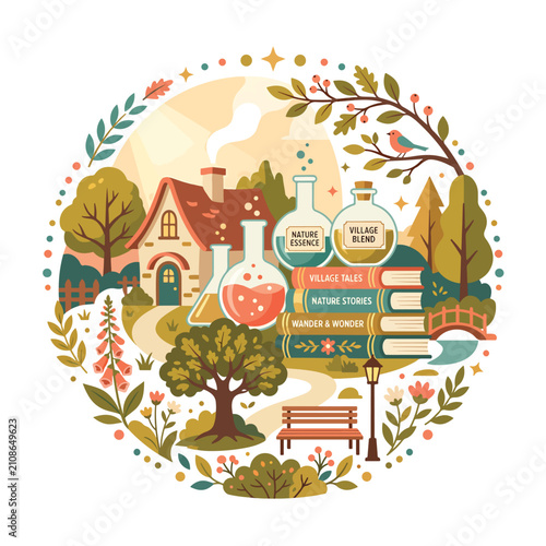 Colorful autumn harvest illustration with pumpkins and fruits.