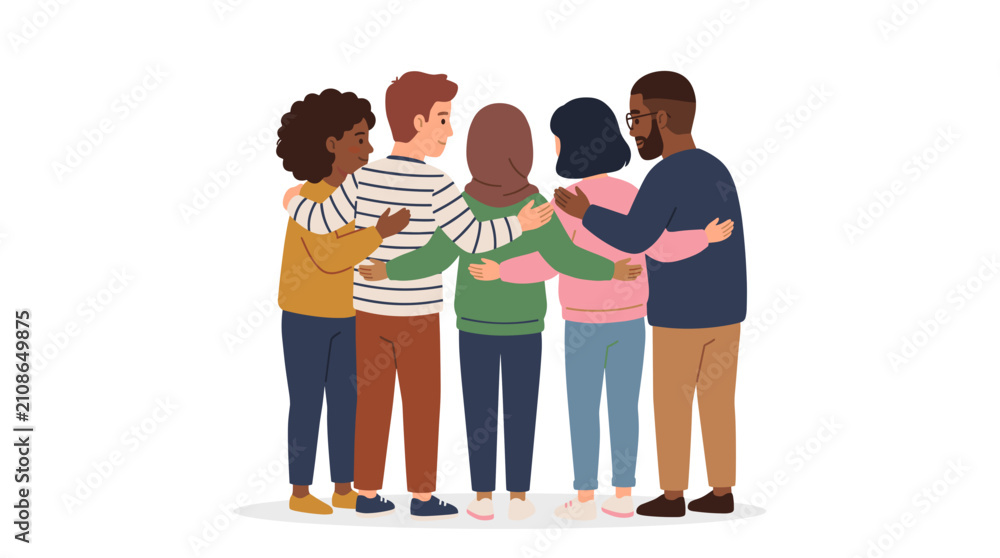 Obraz premium Diverse group of people hugging each other showing unity and friendship with different ethnicities and cultures together