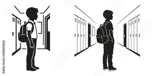 Vector of a schoolboy standing in a school corridor with a backpack on his back