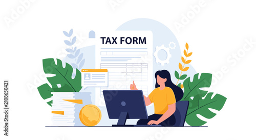 Dedicated female accountant completing a digital tax form on her computer next to piles of papers and coins.