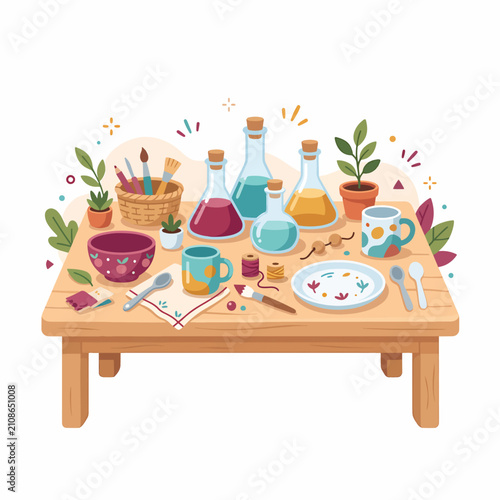 Colorful ceramic mugs and teapots on wooden table with plants.