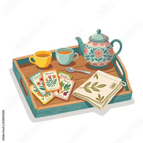 Colorful ceramic teapot with matching cups and saucers set.