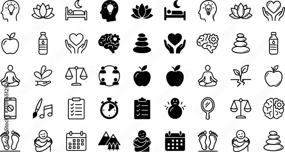 Fototapeta premium Mental health and wellness vector line icon set featuring mindfulness meditation self care yoga healthy lifestyle stress management psychology and emotional well being symbols