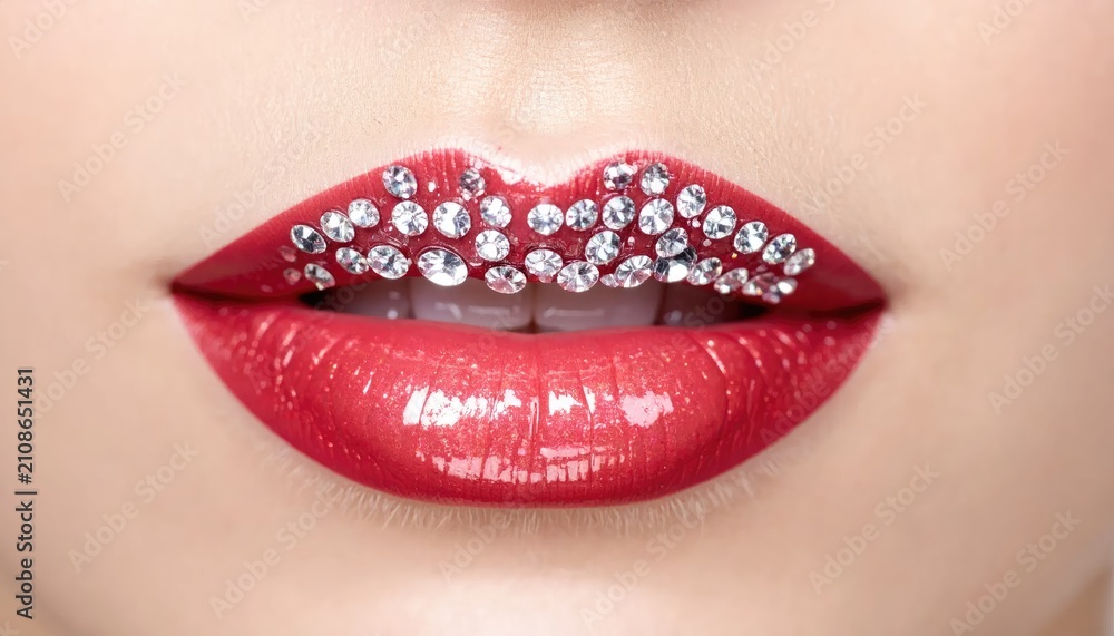 Fototapeta premium Glamorous red lips decorated with shiny diamond crystals.