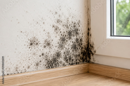 Black mould and fungus on wall near window. The problem of ventilation, dampness, cold in the apartment. Mold spots in the corner of white walls. Spores thrive on moisture quickly grow into colonies