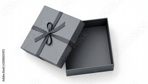 Gray gift box with ribbon and open lid 3d rendering on white background