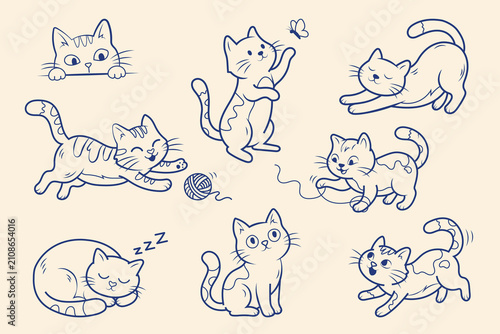 Cats doodle set hand drawn cartoon vector illustration, Hand Drawn Kitten Outline Vector Set
