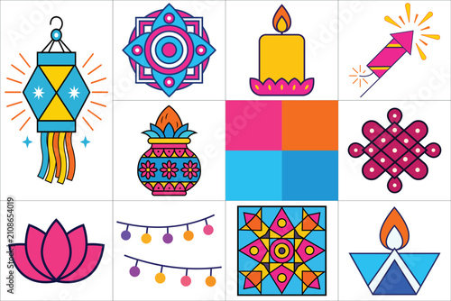 Diwali Festival Icons Set, Traditional Indian Celebration Vector Collection