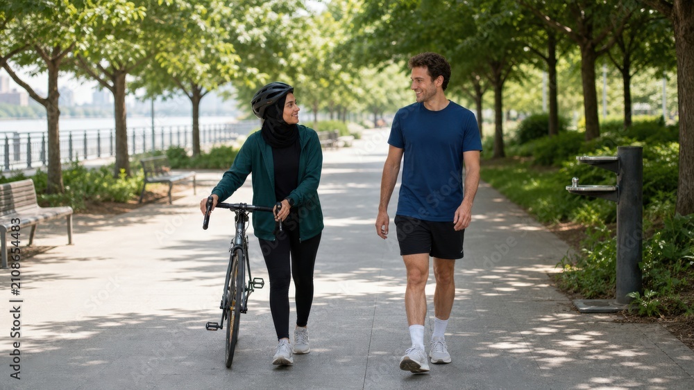 Fototapeta premium Cyclist and Pedestrian Share Heat Reflective Pavement Greenway