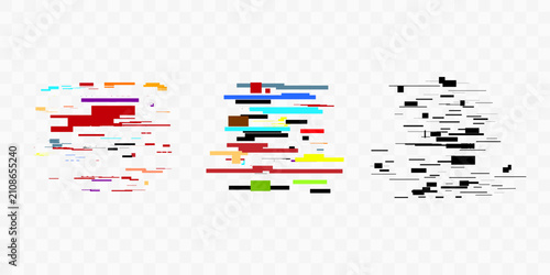 Glitch art elements set. Abstract digital noise and data error artifacts. Colorful and monochrome distortion shapes
