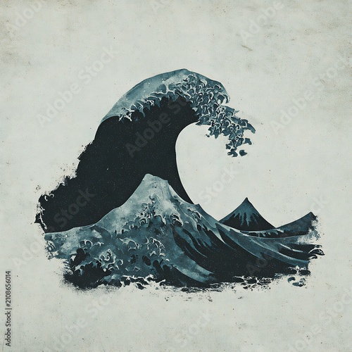 Minimalist stylized ocean wave with mountain peaks on textured white background