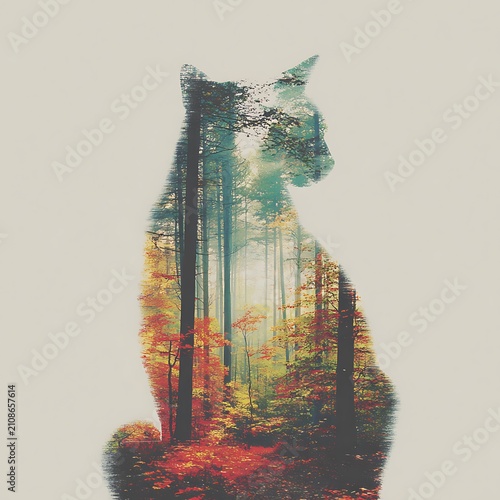 Double Exposure Cat Silhouette with Misty Forest Landscape and Copy Space