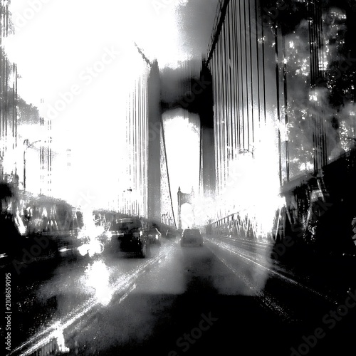 Abstract high contrast black and white suspension bridge with blurred traffic movement