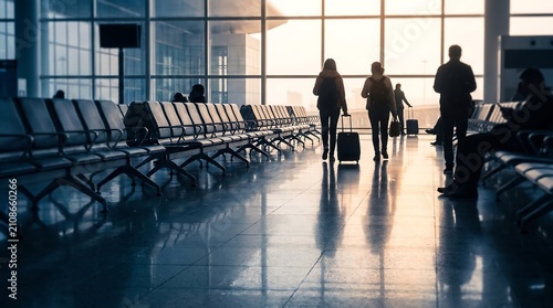 People walking in airport terminal. Travelers with luggage at departure gate.