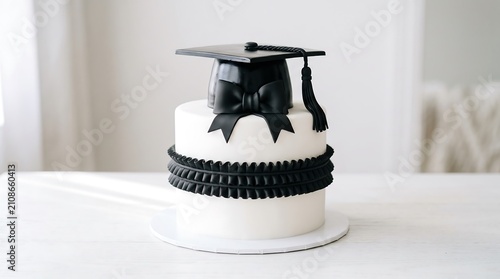 Small white graduation cake with black ruffled icing and black mortarboard on table graduation mortarboard