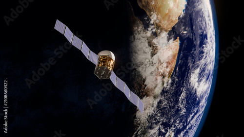 A communications satellite with extended solar panels orbiting around the earth. 3d render